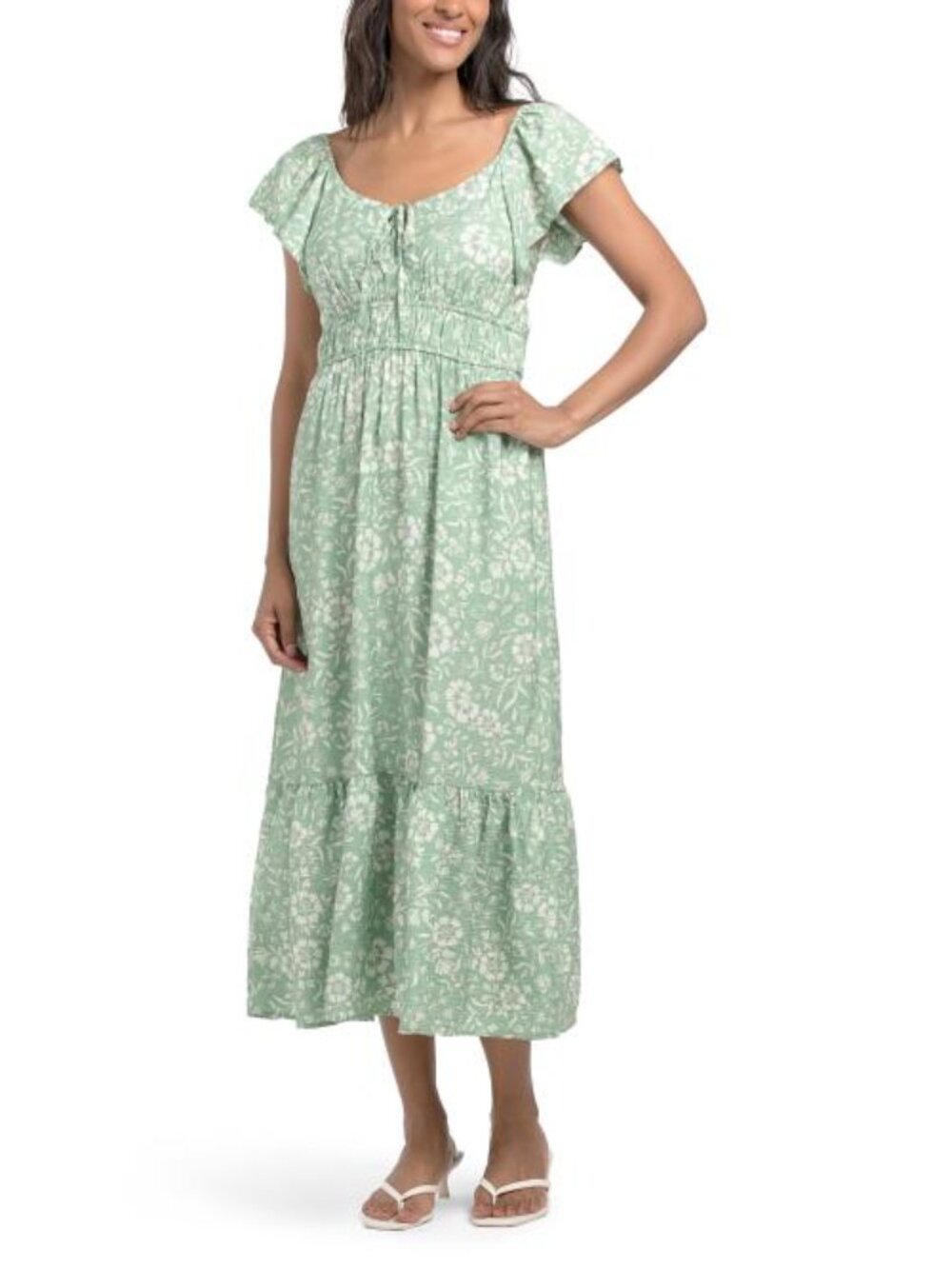 RUBY & REMI Flutter Sleeve V-neck Tie Front Maxi Dress